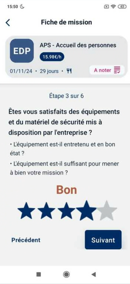 Écran de notation d'une mission avec les 6 questions et le système d'étoiles pour évaluer chaque question